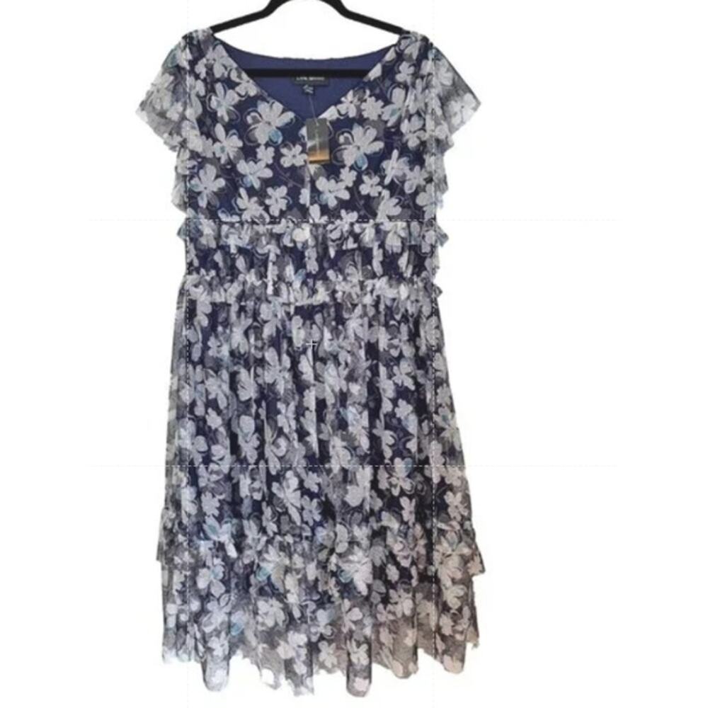 Lane Bryant Flowy Romantic Blue Floral Tulle Tiered Ruffle Dress 22/24 Midi - Picture 8 of 8